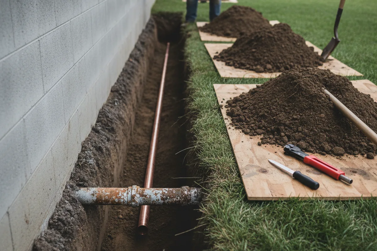 Excavated water line trench during Sewer Line Repair in Fletcher